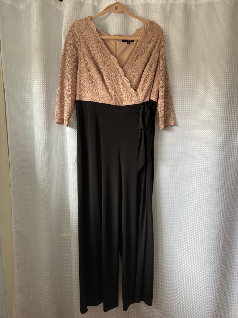Signature by Sangria Blush Lace Wrap Top with Black Wide-Leg Jumpsuit